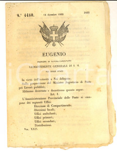 Documento originale, autentico 1860 ROMA Uffici dell Amministrazione provinciale delle POSTE Decreto 1
