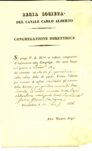 Documento originale, autentico 1838 ALESSANDRIA Regia SocietÃ  del Canale CARLO ALBERTO Convocazione congrega 1