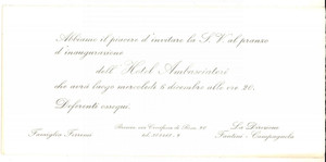 Oggetto da collezione cartaceo 1980 ca BRESCIA Inaugurazione HOTEL AMBASCIATORI Invito al pranzo 22x10 1