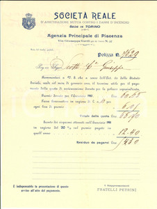 Documento originale, autentico 1903 PIACENZA SocietÃ  REALE MUTUA Premio polizza di Giuseppe SCOTTI 1