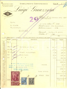 Documento originale, autentico 1943 MILANO Stabilimento Cartotecnico Luigi GUAZZONI Fattura intestata 1