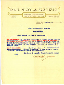 Documento originale, autentico 1923 PARMA Rag.Nicola MALIZIA Carboni e lubrificanti Lettera intestata 1