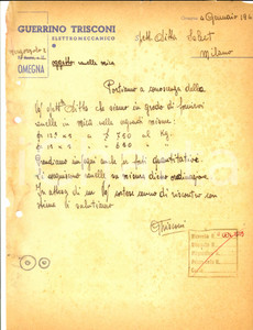 Documento originale, autentico 1946 OMEGNA NO Guerrino TRISCONI elettromeccanico Preventivo intestato 1