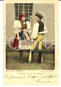 Autografo originale 1905 MORAVIA E SLOVACCHIA Coppia in costume Cartolina marchesa Irmina STANGA 1