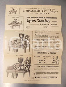 Materiale pubblicitario d’epoca 1910 BOLOGNA Officina meccanica FRANCESCHI Macchina spremipomodori Manifesto 1