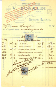 Documento originale, autentico 1919 PADOVA via 8 Febbraio  Sartoria V. BONALDI English stores Fattura 1