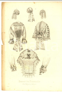 Stampa, bozzetto originale 1850 ca PARIS Journal des Demoiselles  Corpetti femminili ricamati Stampa 1