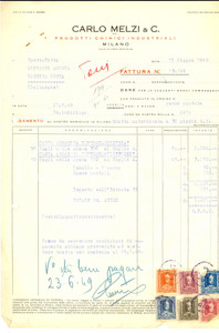 Documento originale, autentico 1943 MILANO Ditta Carlo MELZI Prodotti chimici industriali Fattura intestata 1