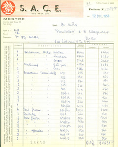 Documento originale, autentico 1958 VENEZIA MESTRE Articoli vari S.A.C.E. Fattura manoscritta 1