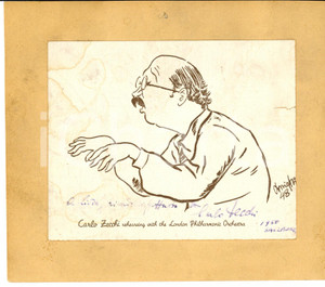 Autografo originale 1950 Carlo ZECCHI dirige LONDON PHILARMONIC Stampa di caricatura con AUTOGRAFO 1