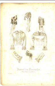Stampa, bozzetto originale 1850 ca PARIS Journal des Demoiselles  Corpetti e cuffie Stampa 1
