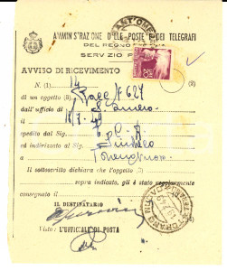 Documento originale, autentico 1949 SANT OMERO TE STORIA POSTALE Avviso ricevimento con francobollo Lire 20 1