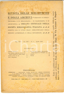 Giornale, rivista storica 1902 RIVISTA DELLE BIBLIOTECHE E DEGLI ARCHIVI Catalogo cooperativo nÂ°4 1