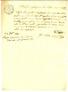 Documento originale, autentico 1827 BRESCIA Ricevuta Giovanni Pietro BORGHETTI ad Agostino BONA Manoscritto 1