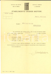 Documento originale, autentico 1949 TORINO FIAT Stabilimento grandi motori Lettera a un dipendente INTESTATA 1