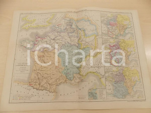 Stampa, bozzetto originale 1875 PARIS DUSSIEUX Atlas de gÃ©ographie Carte histoire de CLOVIS 45x33 cm 1