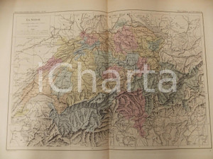 Stampa, bozzetto originale 1875 PARIS M. L. DUSSIEUX Atlas de gÃ©ographie Carte SUISSE 45x33 cm 1