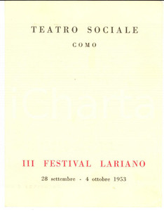 Materiale pubblicitario d’epoca 1953 COMO TEATRO SOCIALE  III Festival Lariano  Programma musicale 1