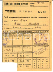 Oggetto da collezione cartaceo 1948 BRESCIA Comitato UNRRA Tessile  Tessera di Mario LUCERI 1