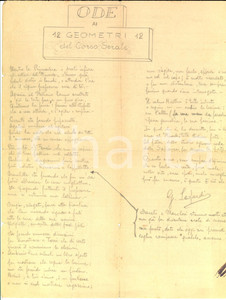 Manoscritto, lettera originale 1940 ca GOLIARDIA Ode ai GEOMETRI del corso serale  Allievo RONCORONI 1