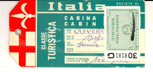 Materiale pubblicitario d’epoca 1969 GENOVA Società Navigazione ITALIA Etichetta per bagaglio classe turistica 1
