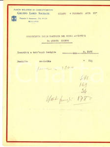 Documento originale, autentico 1931 MILANO PNF Gruppo LORIS SOCRATE Specchietto delle famiglie assistite 1