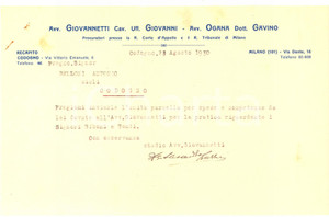 Documento originale, autentico 1930 CODOGNO LO Avv. Giovanni GIOVANNETTI  Gavino OGANA Lettera a un cliente 1