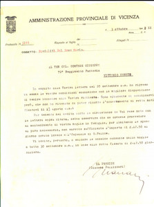 Documento originale, autentico 1942 VICENZA Amministrazione Provinciale  Lettera al ten. col. Giuseppe CORTESE 1