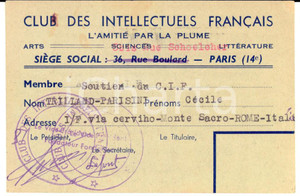Oggetto da collezione cartaceo 1962 Club des Intellectuels FranÃ§ais  Tessera CÃ©cile TRILLANDPARISIN 1