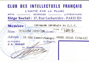 Oggetto da collezione cartaceo 1974 Club des Intellectuels FranÃ§ais  Tessera CÃ©cile TRILLANDPARISIN 1