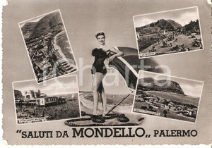 Cartolina originale da collezione 1956 MONDELLO PA Pinup sulla spiaggia Vedutine del lido Cartolina FG VG 1