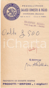 Materiale pubblicitario d’epoca 1955 ca CICOGNARA MN Pennellificio SALASSI Prodotti GRIFONE Ricevuta 10x17 cm 1