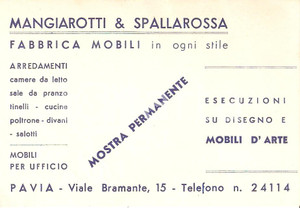 Materiale pubblicitario d’epoca 1965 PAVIA Fabbrica mobili MANGIAROTTI E SPALLAROSSA Biglietto 12x8 cm 1