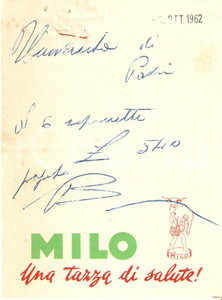 Materiale pubblicitario d’epoca 1962 NESTLE  Latte MILO Una tazza di salute Ricevuta 9x12 cm 1