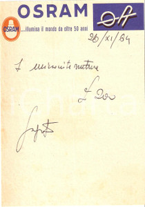 Materiale pubblicitario d’epoca 1964 PUBBLICITA  Lampadine OSRAM Ricevuta ILLUSTRATA 12x16 1