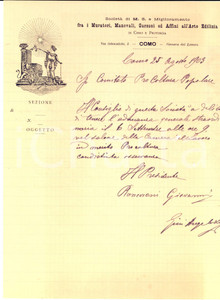 Manoscritto, lettera originale 1903 COMO Lettera SocietÃ  di Mutuo Soccorso muratori e affini all ARTE EDILIZIA 1
