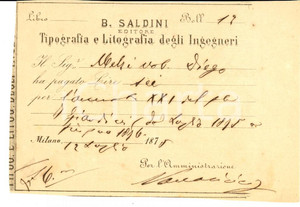 Documento originale, autentico 1875 MILANO Editore SALDINI Tipografia Ingegneri Ricevuta conte Diego MELZI 1