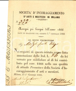 Documento originale, autentico 1866 MILANO SocietÃ  Incoraggiamento Arti e Mestieri Ricevuta conte Diego MELZI 1
