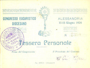 Oggetto da collezione cartaceo 1924 ALESSANDRIA Congresso Eucaristico Diocesano Tessera personale con timbro 2 1