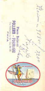 Materiale pubblicitario d’epoca 1965 ca PAVIA Alimentari BOLZONI Caseificio COLOMBO Gorgonzola Ricevuta 8x17 cm 1