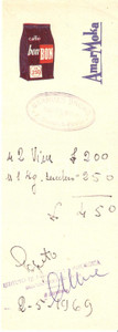 Materiale pubblicitario d’epoca 1969 PAVIA Drogheria Bruno BERNUZZI  AMAR MOKA Caffè BON BON Ricevuta 6x16 cm 1