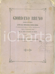 Libro, pubblicazione d epoca 1873 LECCE Pietro BIONDA Discorso su Giordano BRUNO per la festa letteraria 1