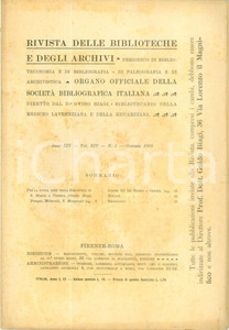 Giornale, rivista storica 1903 RIVISTA BIBLIOTECHE E ARCHIVI Nuova sede Biblioteca SAN MARCO a VENEZIA 1