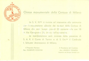 Documento originale, autentico 1935 ca MILANO Invito a inaugurazione restauri Chiesa Monumentale della CERTOSA 1