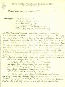 Documento originale, autentico 1910 WIEN Verein Deutscher Studenten aus Nordmahren Lettera commerciale 1