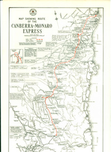 Materiale pubblicitario d’epoca 1975 ca AUSTRALIA Canberra  Monaro Express Mappa ILLUSTRATA con scheda 1