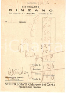Materiale pubblicitario d’epoca 1950 ca MILANO Ristorante CINZANO Vini Pregiati CHIARETTO DEL GARDA Ricevuta 1