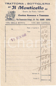 Materiale pubblicitario d’epoca 1948 ROMA Trattoria Bottiglieria IL MONTICELLO Vini dei Castelli Ricevuta 1