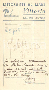 Materiale pubblicitario d’epoca 1950 ca GENOVA Ristorante al Mare VITTORIO Ricevuta ILLUSTRATA 1