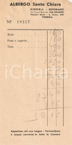 Materiale pubblicitario d’epoca 1950 ca VENEZIA Albergo SANTA CHIARA Birreria Ristorante Ricevuta 1